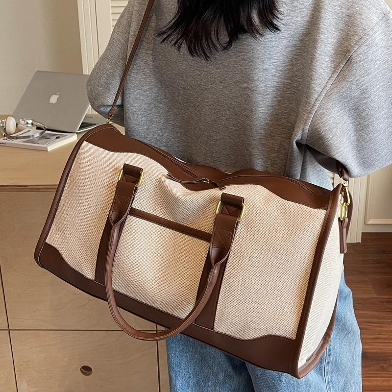Large capacity contrasting canvas handbag women's bag 2025 new commuter travel bag simple casual shoulder crossbody bag