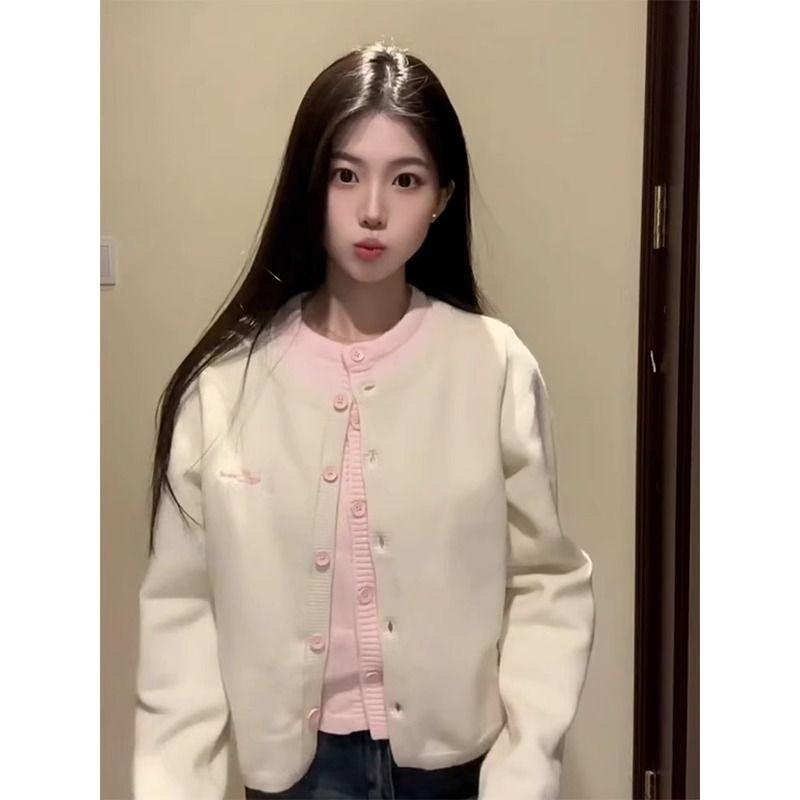 

Молочный Фуфу Поддельный Двойка Вязаный кардиган Женский Весенне-осенняя одежда Сосновый Укороченный свитер Верхняя одежда Преппи Милый Топ Cream khakis S