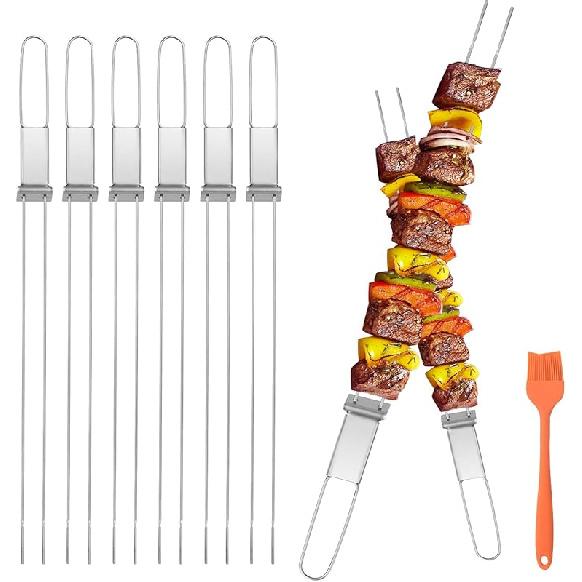 CMYK Barbecue Skewers, 6-Pack 13" Stainless Steel Grilling Skewers with Slider, Reusable Metal BBQ Shish Kabob Skewers Sticks