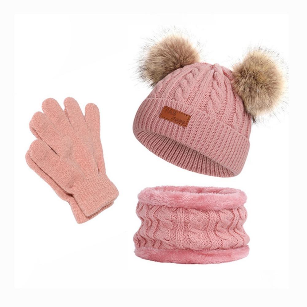Warm Thicken Baby Hat Scarf Gloves Set Windproof Pompom Knitted Hats Toddler Bonnet  1-5 Years