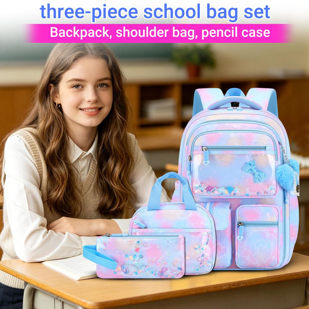 Mädchen Rucksack mit Aufdruck, Lunchtasche und Federmäppchen Set