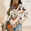Women Plus Size V Neck Long Sleeve Halloween Panda Ghost Print Top Button Detail Curved Hem