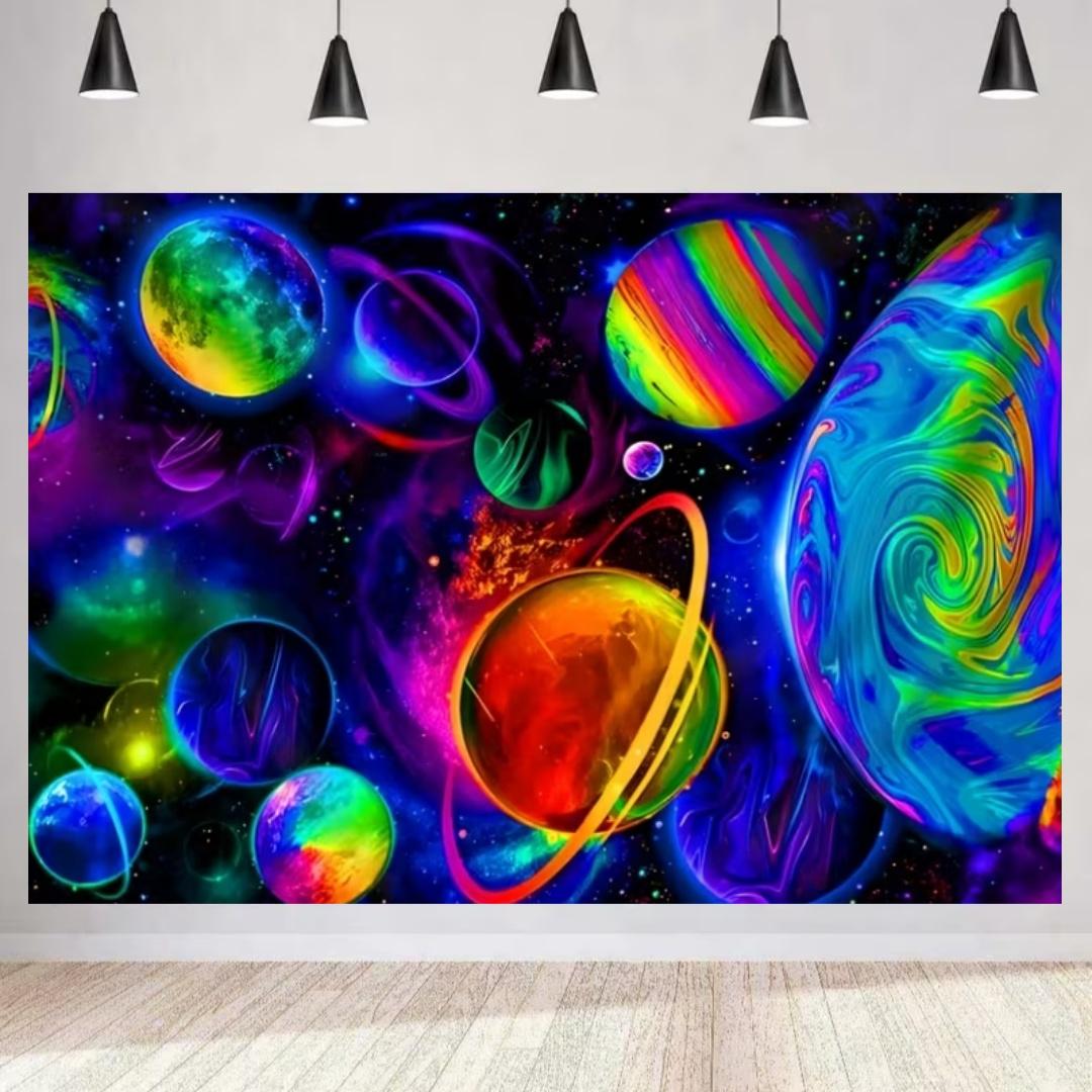 

Colorful Sparkling Animals and Scenery Backdrop Coconut Tree Starry Sky Universe Banner living Room Decoration Photography Prop 120X90CM