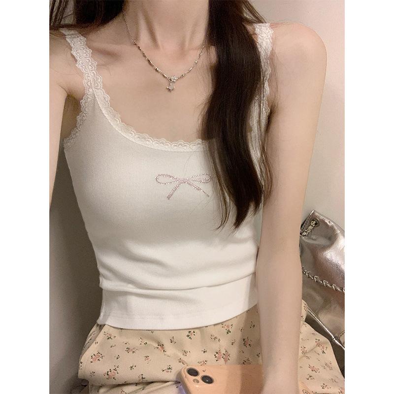 Summer new bm dopamine lace sling vest women s pure desire bow hot diamond slim slim white top S белый
