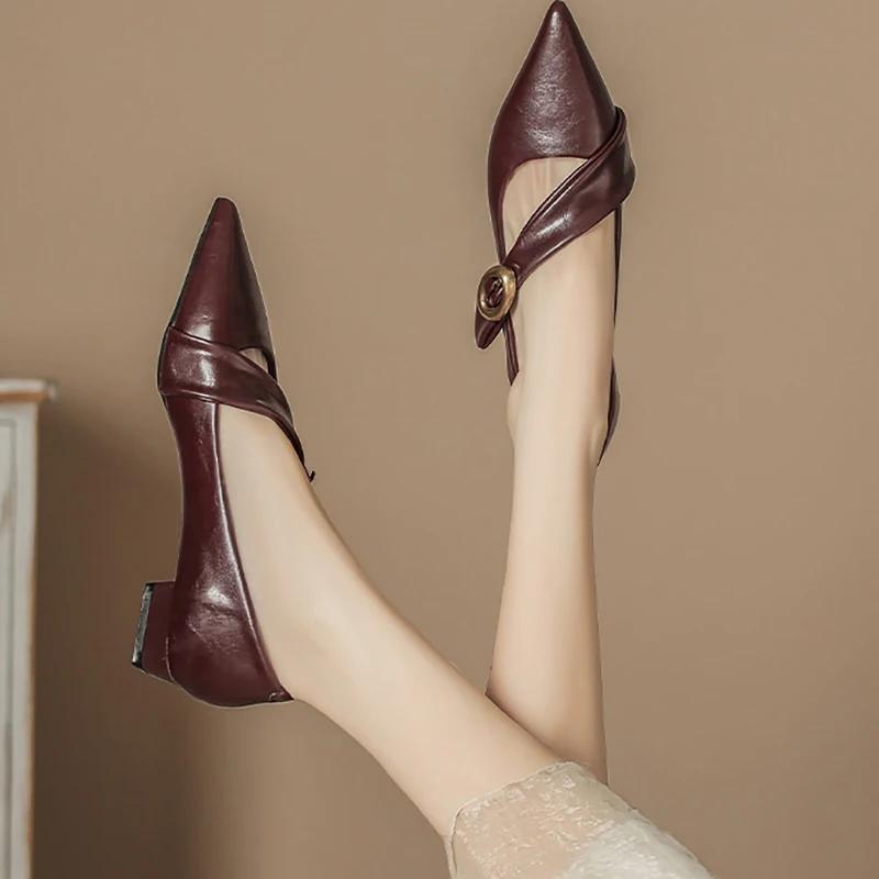 Fashion 2025 Spring Vintage Women Pointed Toe Mary Jane Shoes Fashion Shallow Thick Heel Wedding Party Shoes