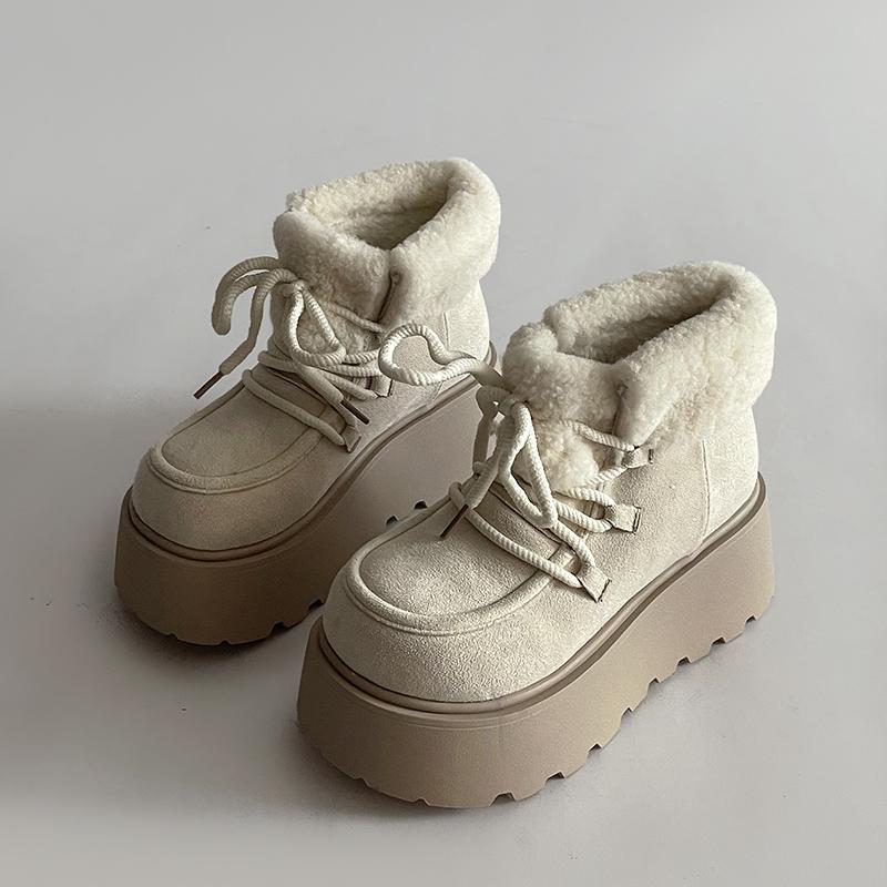 Winter Chunky Platform Heels Women Fur Snow Boots Keep Warm Height Increase Warm Cotton Short Booties Shoes  Mujer