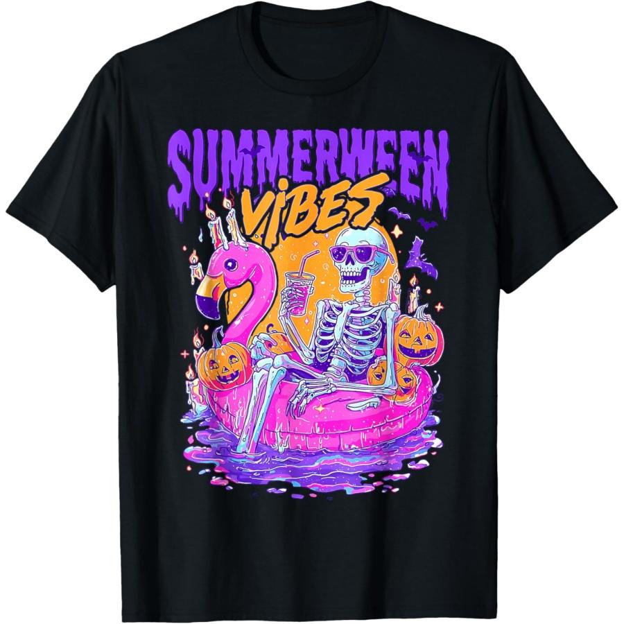 Летне-Хэллоуинские vibes Жуткий Скелет Фламинго Бассейн Хэллоуин Футболка S чёрный