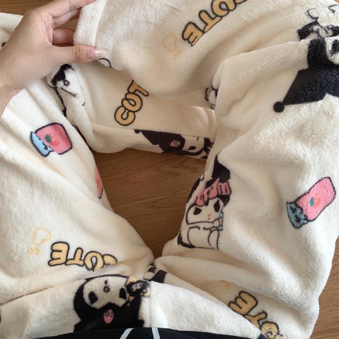 Korean Style Women's Fleece Pajama Pants - Flannel Cartoon Design for Autumn and Winter