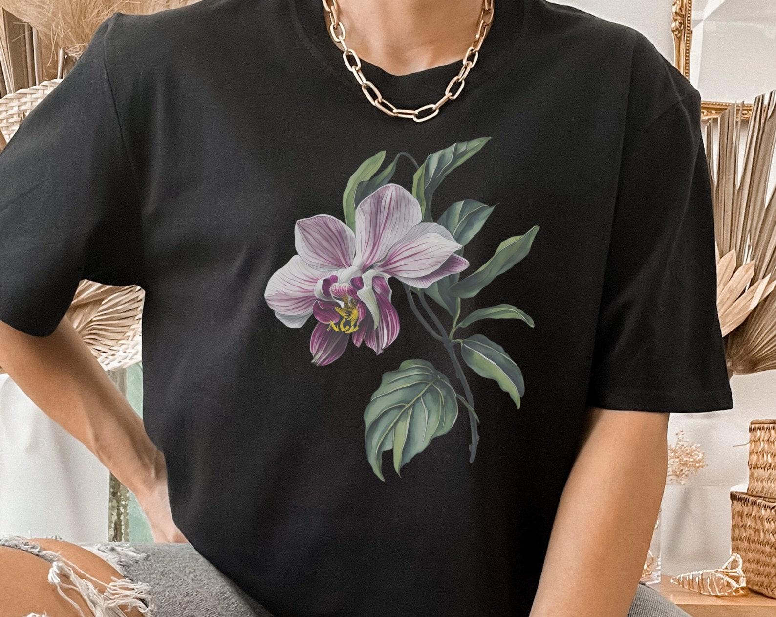 Orchid Watercolor Flower T-Shirt, Botanical Floral Tee S