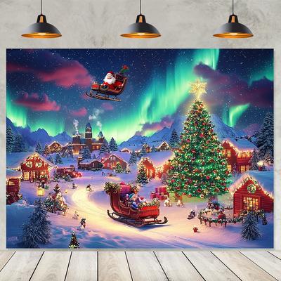 1 Piece of Polyester Fiber Christmas Background Cloth, Featuring the Scenery of the Arctic Town and Santa Claus' Home