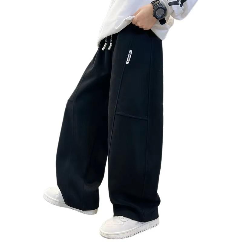 Pantalones Casuales de Primavera para Niños Cintura Elástica Negra Pierna Recta Pantalones de Chándal para Niños Bolsillo Holgado Pantalones Infantiles