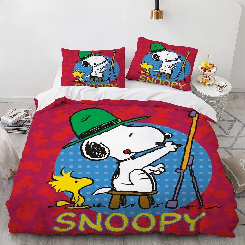 Snoopy Children's Microfibre Duvet Covers 3-Piece for Teenagers Adult Duvet Cover Cartoon Comics Bedding with Zip Gift Cover