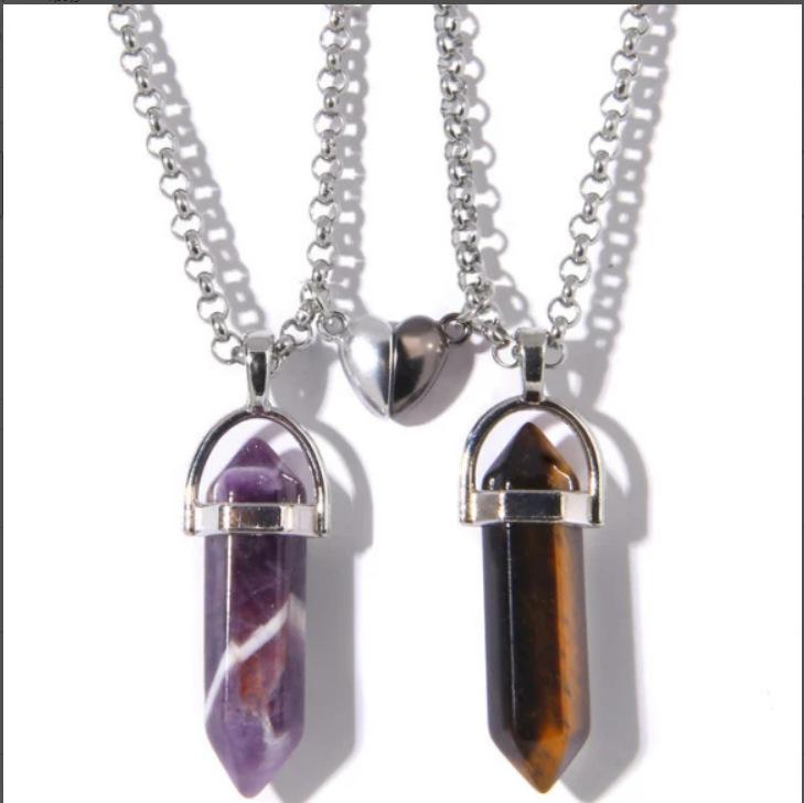 European & American Jade Hexagonal Bullet Pendant Magnetic Couple Necklace - Natural Stone Crystal