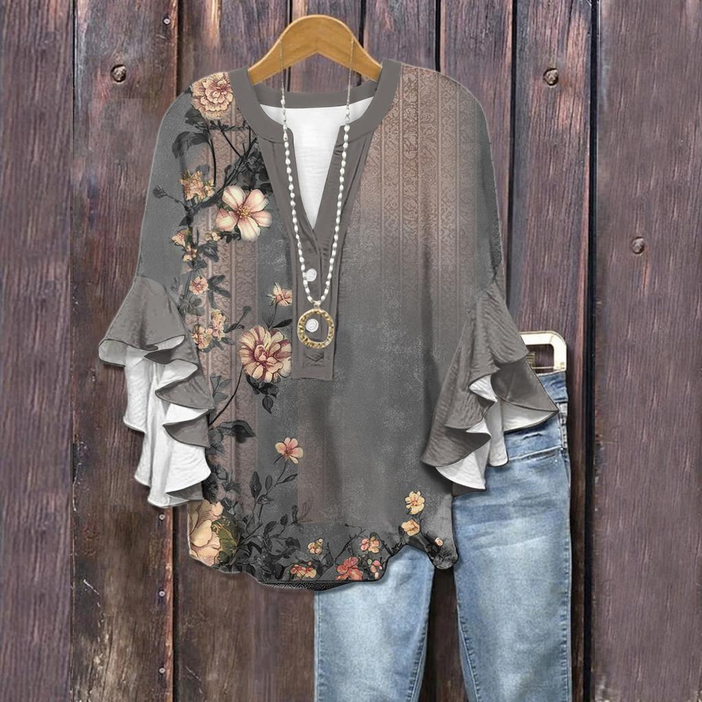 Summer Tops For Women Cute V Neck 3/4 Sleeve Blouses Floral Print Top Casual Shirts