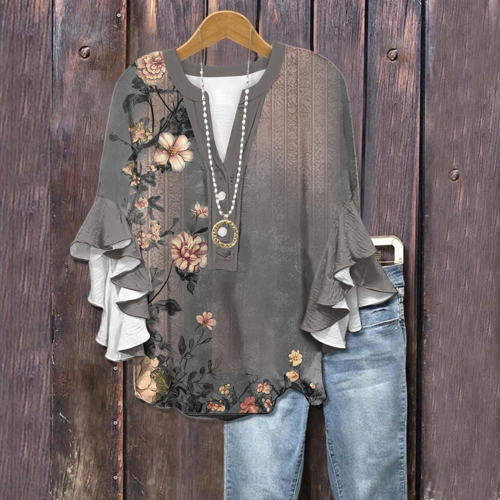 

Літні топи для жінок Милі блузки з V-подібним вирізом та рукавом 3/4 Топ з квітковим принтом Повсякденні сорочки XL