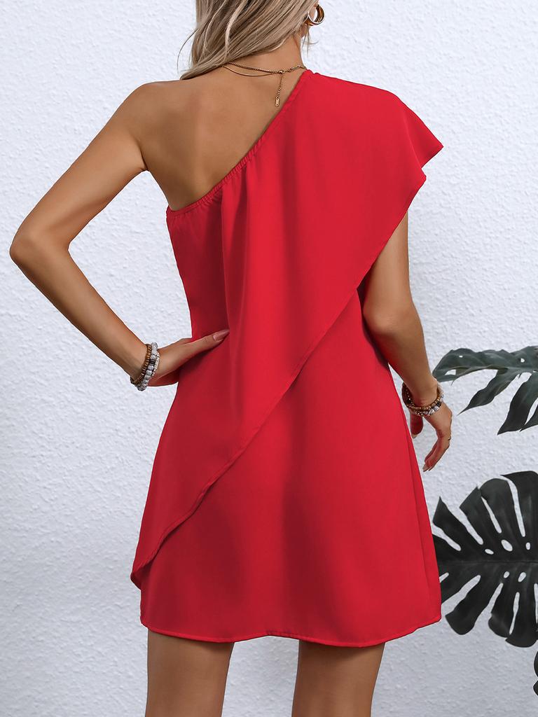 Seductive Two-Piece Slanted Shoulder Dress Summer Holiday Style Sleeveless A-Line Midi Skirt