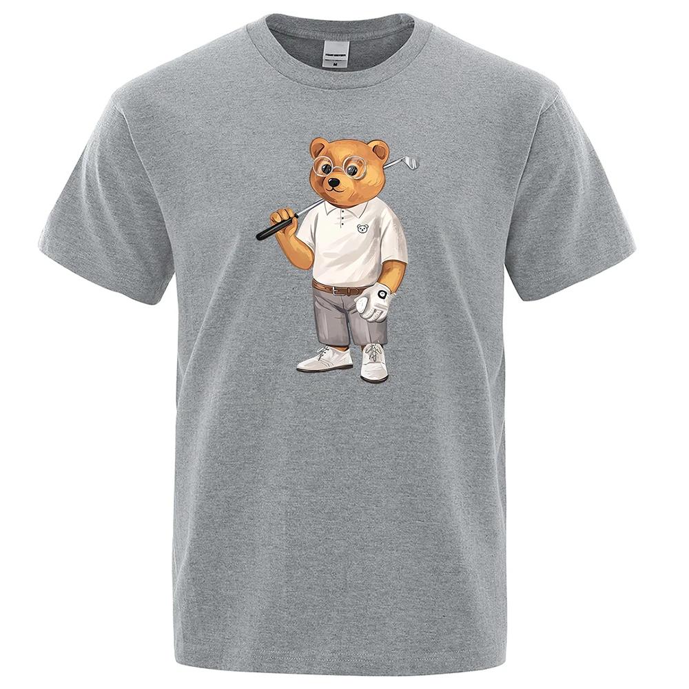 Gentleman Teddy Bear Playing Golf Men T Shirts Summer Cotton Sweat T-Shirts Breathable Loose Clothes Hip Hop Street Short Sleeve