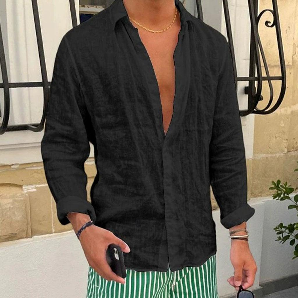 

Летняя мужская белая льняная рубашка с длинным рукавом - Повседневная, легкая и удобная, идеально подходит для отпуска XL чёрный