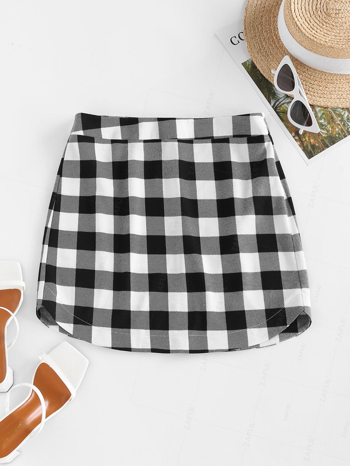 

ZAFUL Curved Hem Plaid Mini Skirt S чёрный