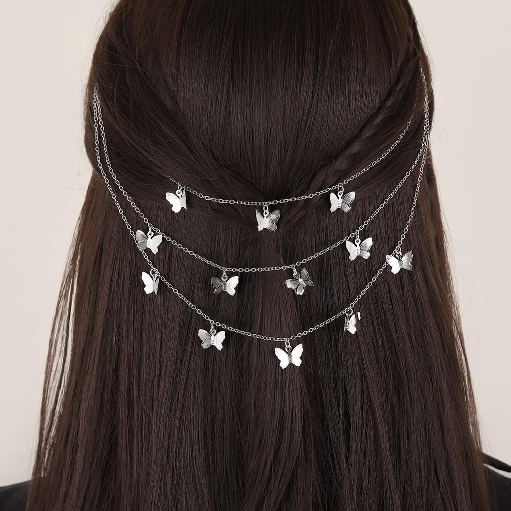 Europäischer und Amerikanischer Stil Damen Haaraccessoire Kette, Punk Retro Metall Schmetterling Mehrlagige Haarspange