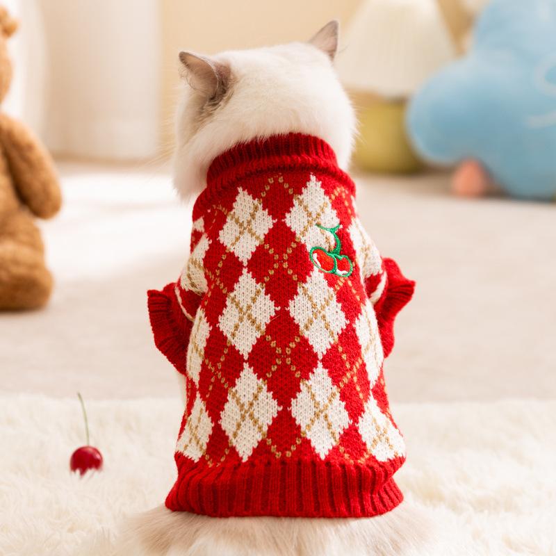 Autumn and Winter Cat Small Fly Sleeve Hairless Cat Thickened Knitted Sweater Rhombus Embroidery Cherry Dog Sweater Pet Clothes