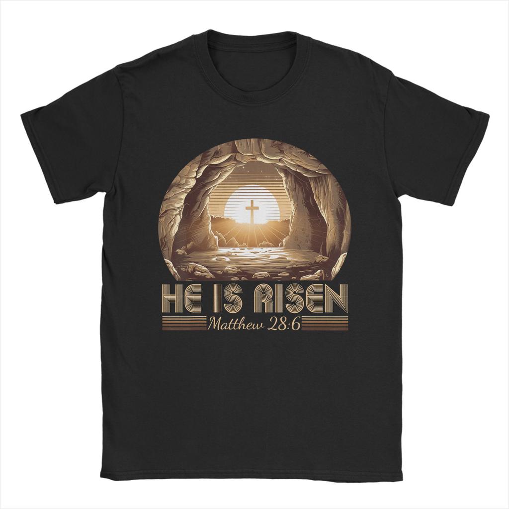 He Is Risen Jesus Christian Happy Easter Day TShirt Unisexs Vintage Cotton T Shirts Beach Crewneck Leisure Tee Shirt Design Tops