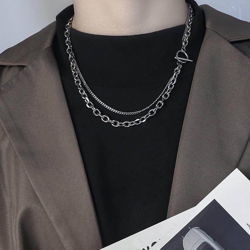Mens Personalized Geometric Double Layer Titanium Steel Clavicle Sweater Chain Necklace Jewelry 1pc