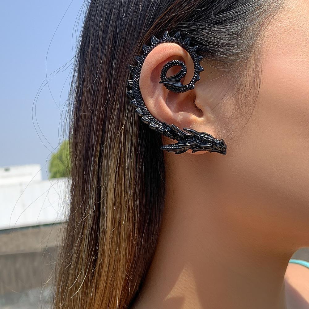 Punk Personality Single Ancient Silver Dragon Shape Stud Earring Ear Hanging for Women Hip-hop Street Style Hot Girl Jewelry