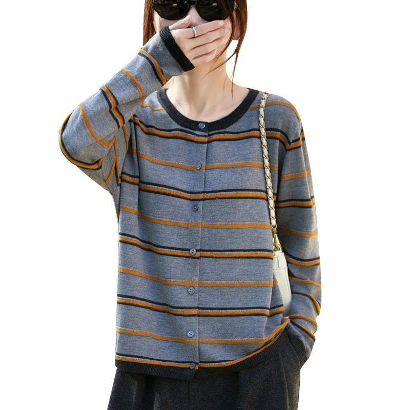Womens Lightweight Striped Knit Cardigan Sweater - Loose Fit Round Neck Single Button Wool Blend Office Chic