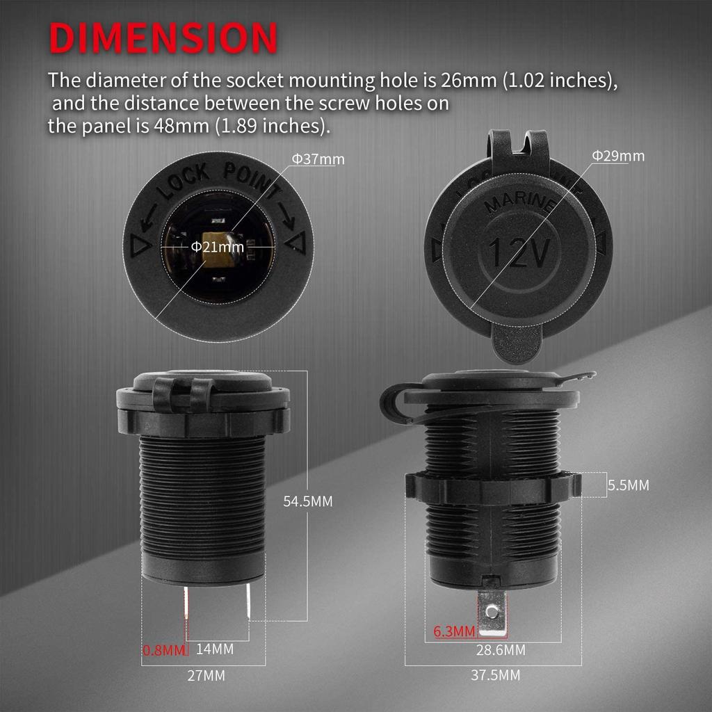 12-24V Car Cigarette Lighter Socket Femaile 12 Volt Power Outlet Replacement with Blue LED Waterproof for Boat Marine Motorcycle