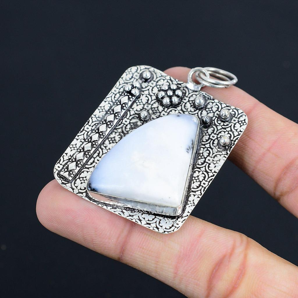 925 Silver Trillion Natural Dendrite Opal Handmade Ethnic Unique Wedding Pendant