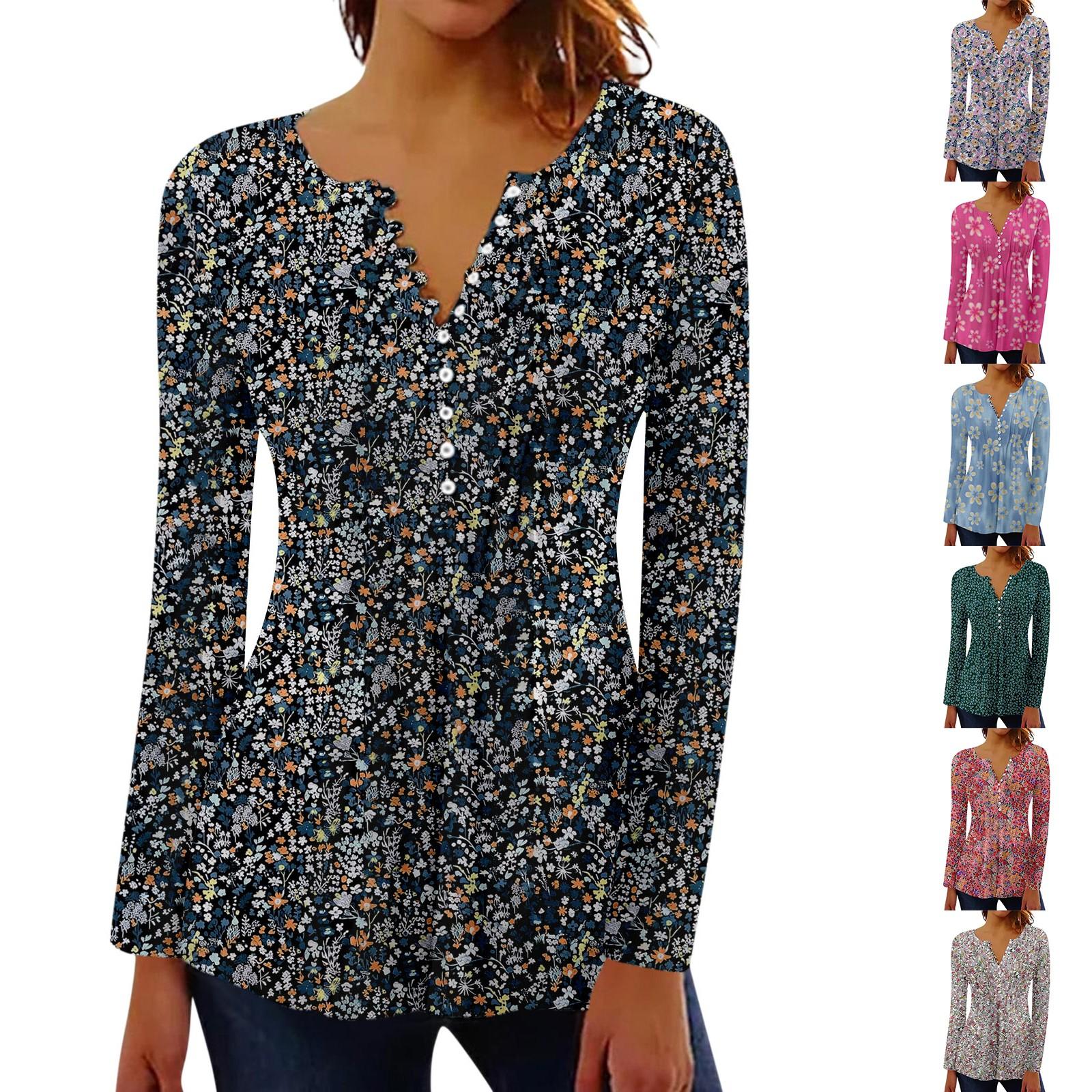 

Women s Pleated Button Retro Floral Print Top XXL