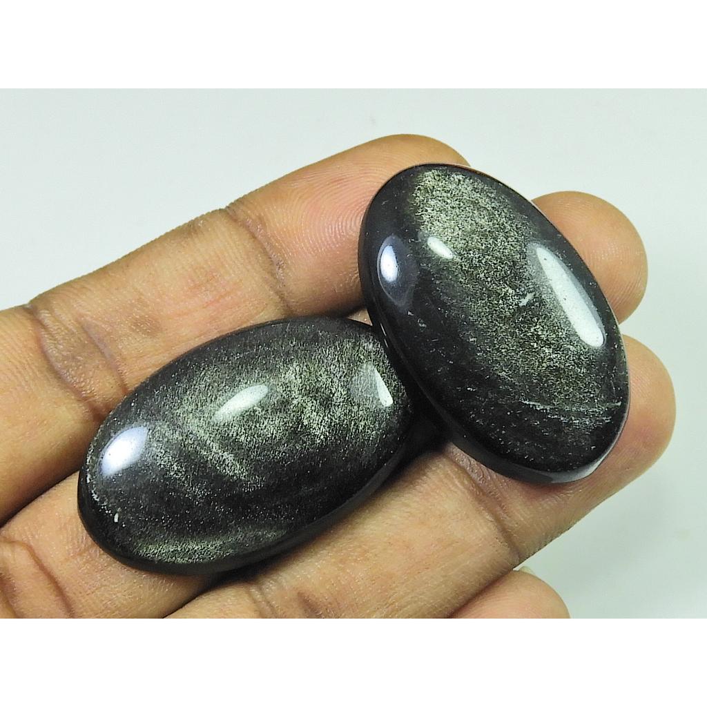 38-39MM AAA Silver Obsidian Oval Stone 2Pcs Cabochon Loose Gemstone 85Cts. SK-4112