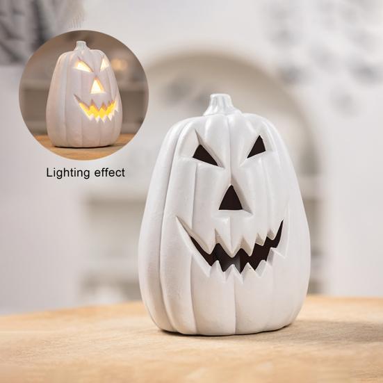 Large LED Lighted Pumpkin Statue Halloween Curved Pumpkin Lamp Autumn Farmhouse Tabletop Centerpiece for Home Porch Room Mantel Decor