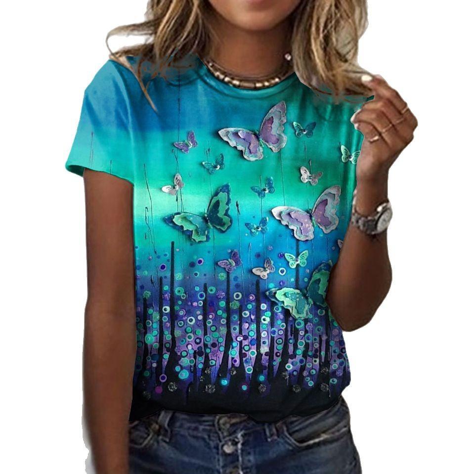Summer Round Neck 3D Butterfly Print Top Fashionable Casual Short Sleeved Women's T-shirts
