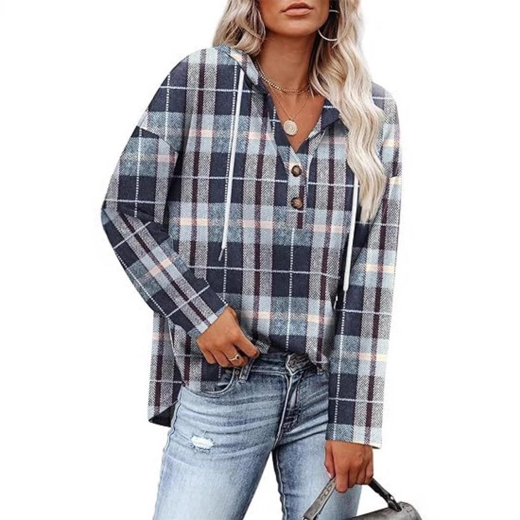 Women's V Neck Button Hooded Plaid Long Sleeve Pullover Sweatshirt, Europe America Fashion Casual Top for Crossborder