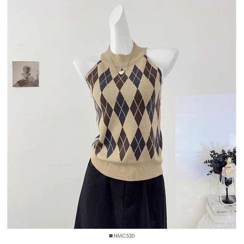 Korean Contrast Diamond Halter Off-Shoulder Knit Vest 2025 - Women s Slimming Top One Size (35-55 kg) хаки
