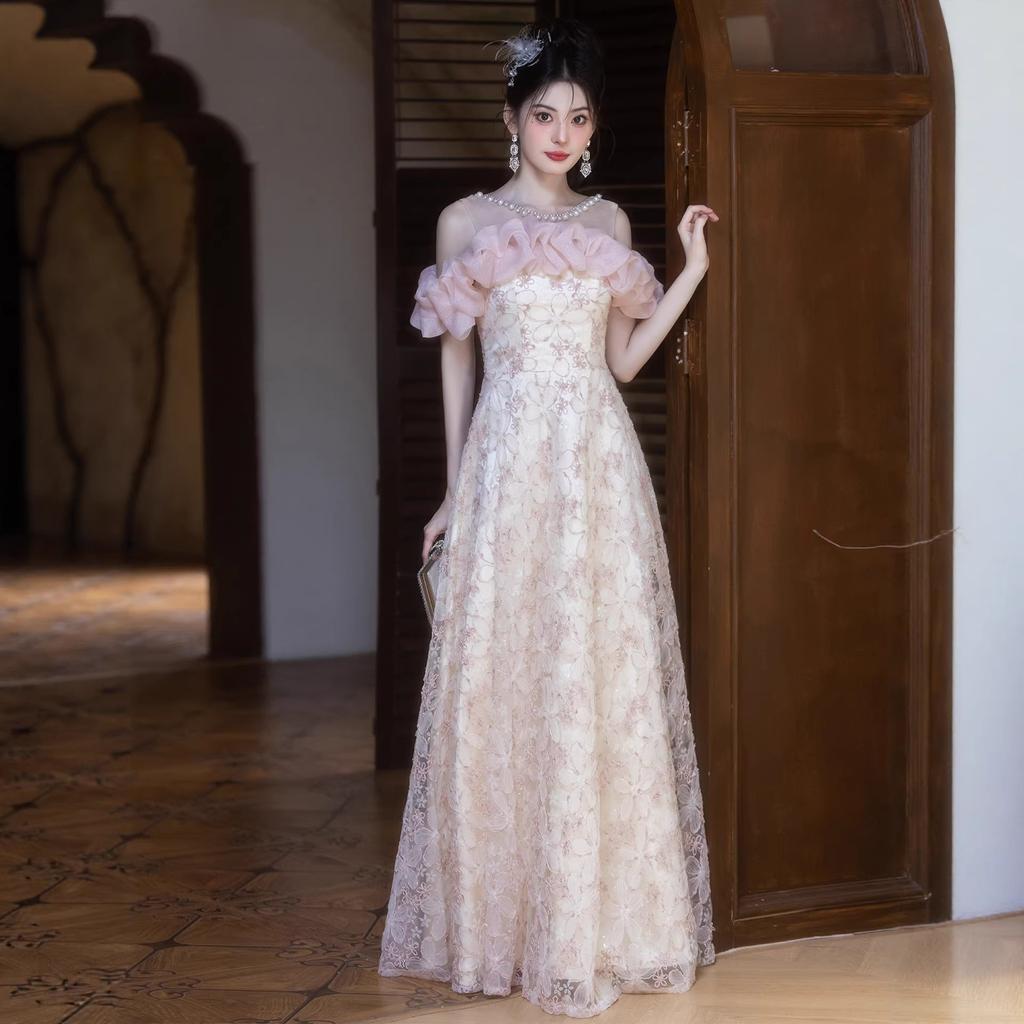 Champagne Evening Dress Skirt Female Birthday Bar Mitzvah Princess Style Banquet Engagement Skirt High-end Light Luxury Annual Meeting Host