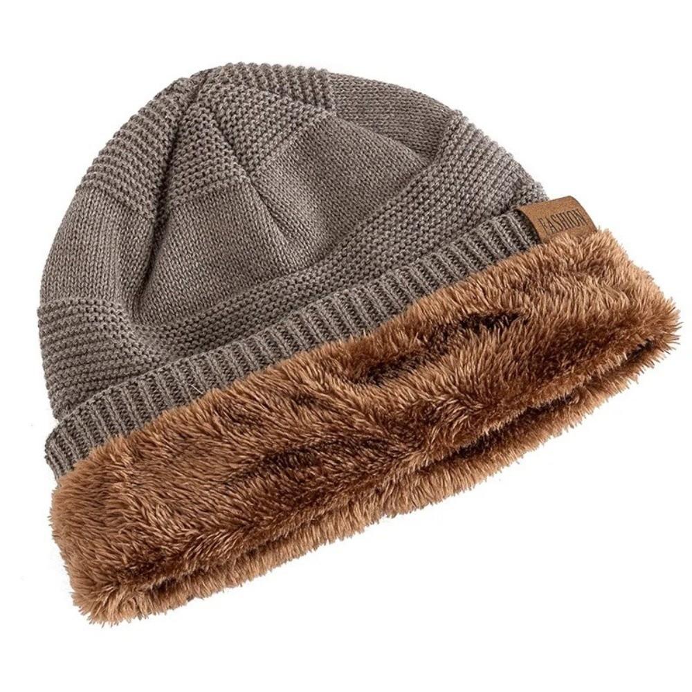 Fur Lined Knitted Hats Soft Skull Cap Unisex Winter Beanie Cap