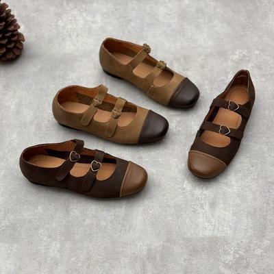 Echte Lederschuhe Frühling Sommer Vintage handgefertigt quadratischer Kopf flache weiche Rindsleder Damenschuhe