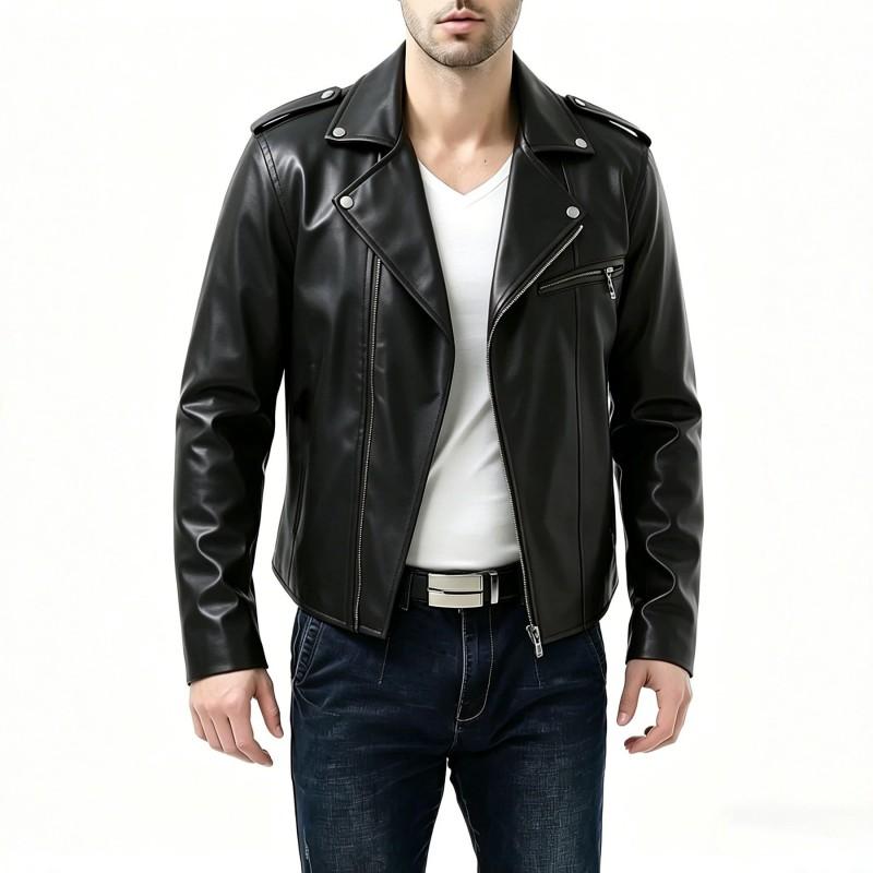 Mens PU Leather Biker Jacket With Notched Collar Slim Fit Fashion Coat In Burgundy Black