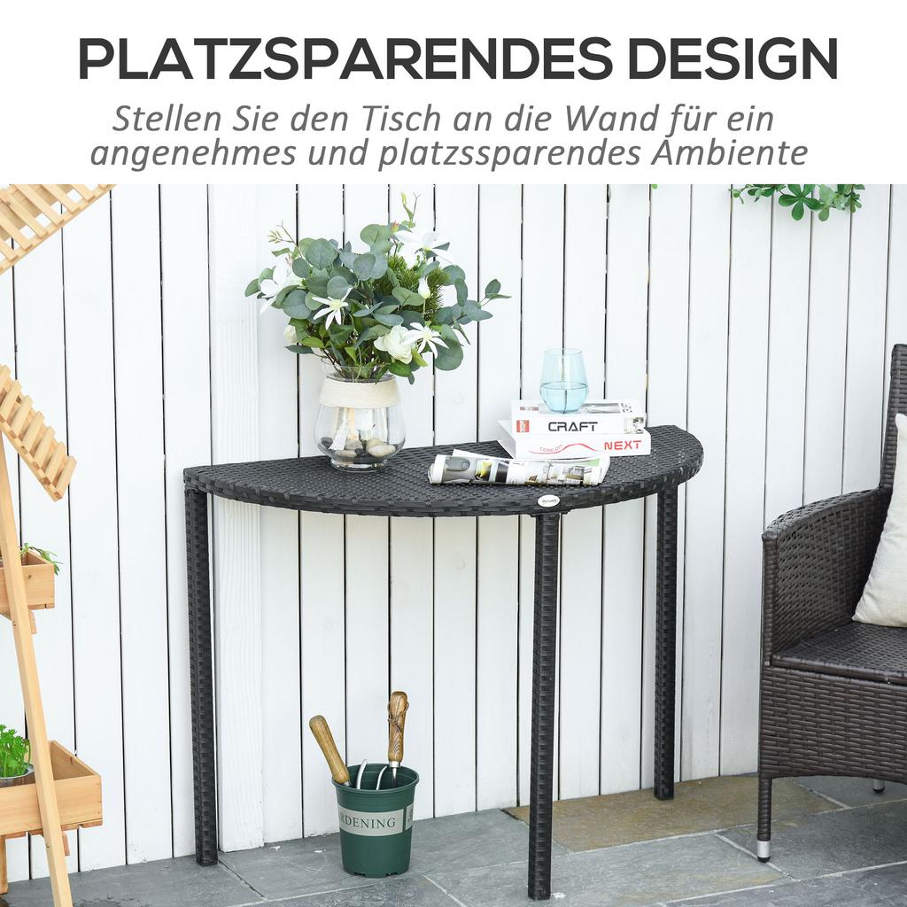 Balkontisch, Gartentisch, Gartenmöbel, Halbrund, Polyrattan, Metall, Schwarz, 100 x 50 x 74 cm