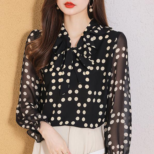 

Рубашка с принтом для женщин, дизайнерский топ с оборками, модная рубашка в горошек с эффектом старения, простая рубашка для поездок на работу 2XL recommends 120--65kg