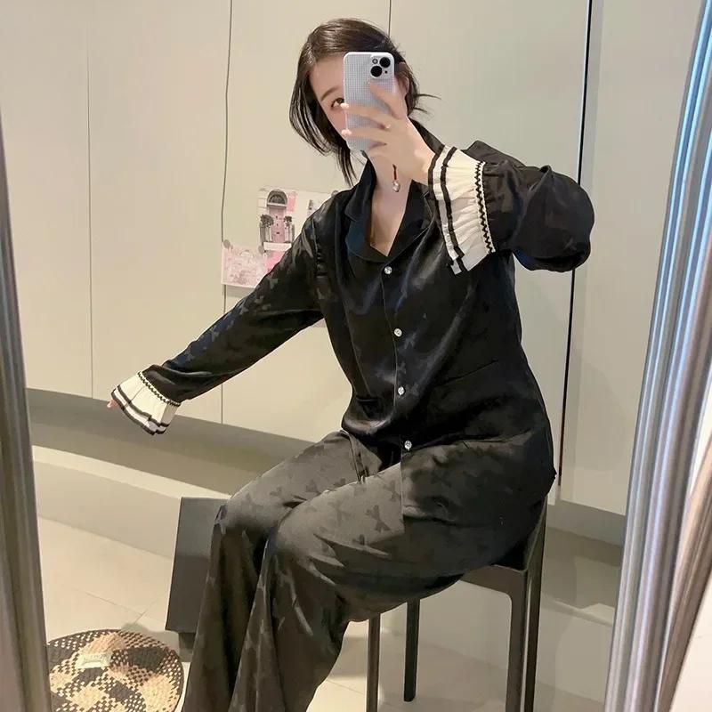 

Пижамы из ледяного шелка для женщин, приятные для кожи, удобные, повседневные, интернет-знаменитости, жаккардовые шелковые домашние одежды для весны и осени XL чёрный