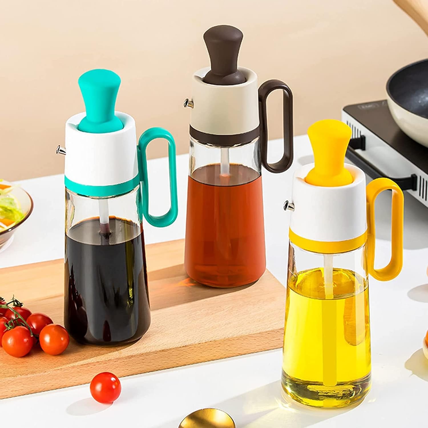 Multifunction Olive Oil Dispenser 3 in 1 Glass Oil Bottle with Silicone Brush for Kitchen BBQ Grilling Baking and Cooking, Oil Brush Pot (Brown)