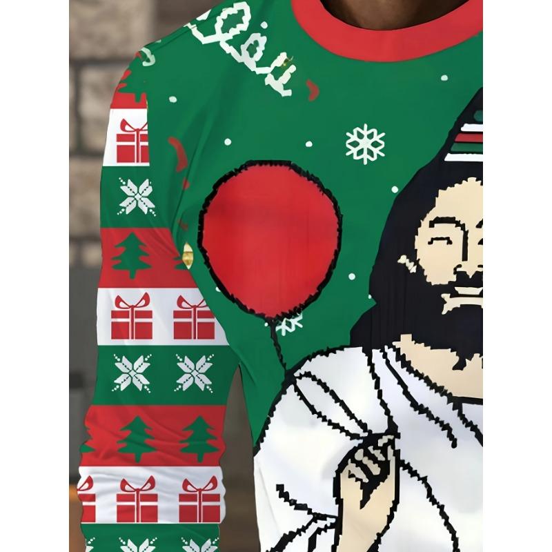Santa Claus Printed T-shirt, Casual Crew Neck Funny Long-sleeved Top, Men's Clothing