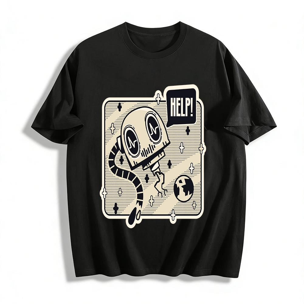 Malfunction Robot Help Print T-shirt Retro Fun Trendy Casual Crewneck Top For Men Women Pure cotton T-shirt XXS