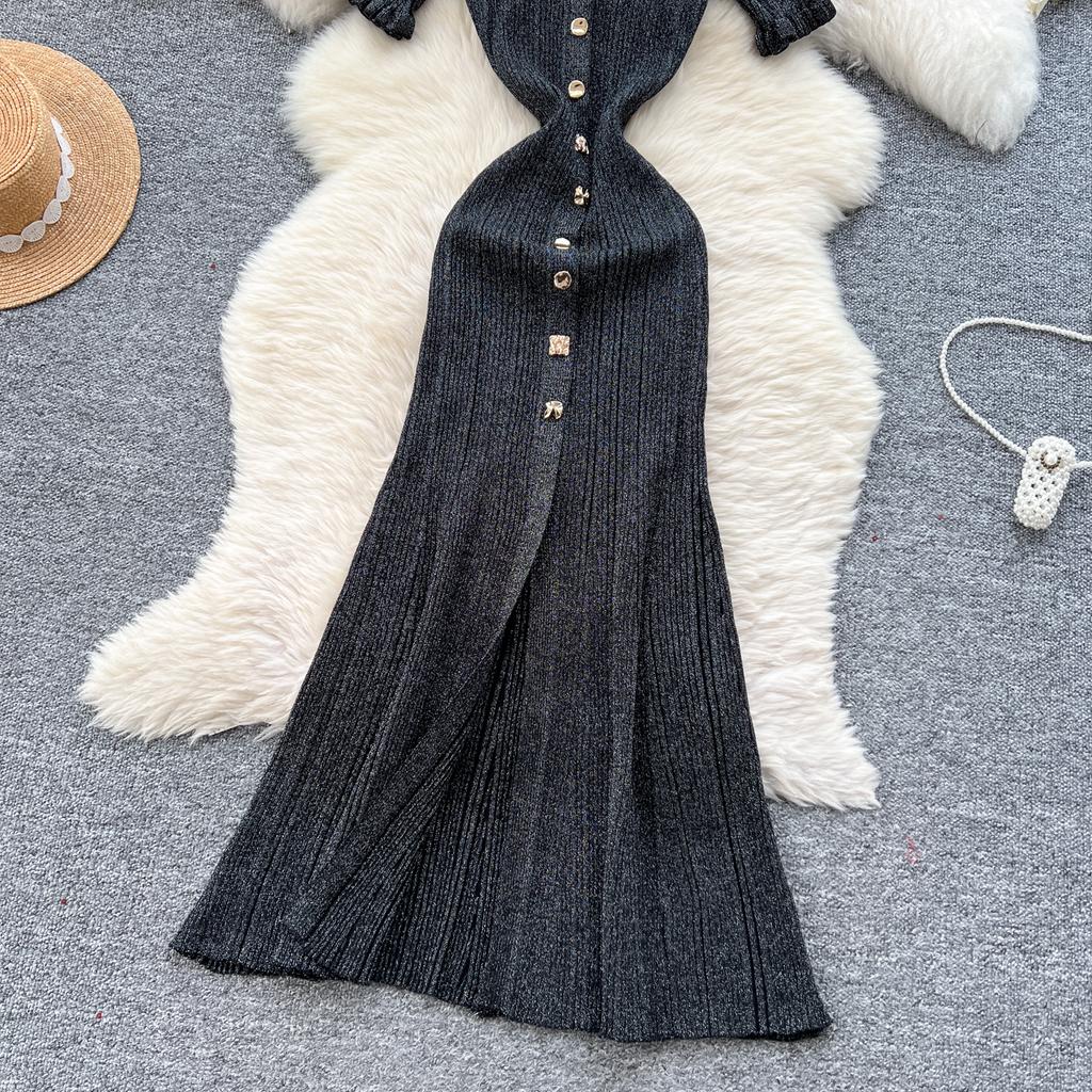 Summer Women V-neck Exquisite Gold Button Birthdays Party Knitted Sweater Long Slim Boycon Pencil Dresses