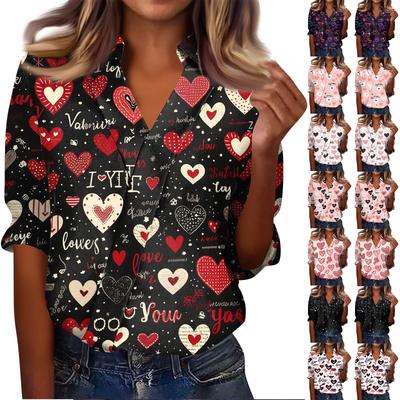 Women's 3/4-Sleeve V-Neck Shirt Printed Workwear Casual Regular Shirt Collar Top