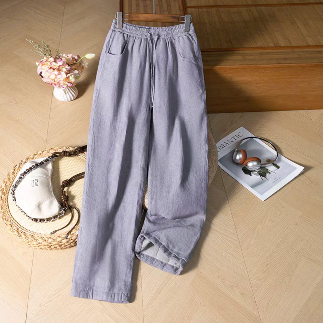 

2025 Winter Women s Hemp Cotton Padded Pants - Simple, Loose, Warm, Thick, Purple/Gray Medium серый/фиолетовый
